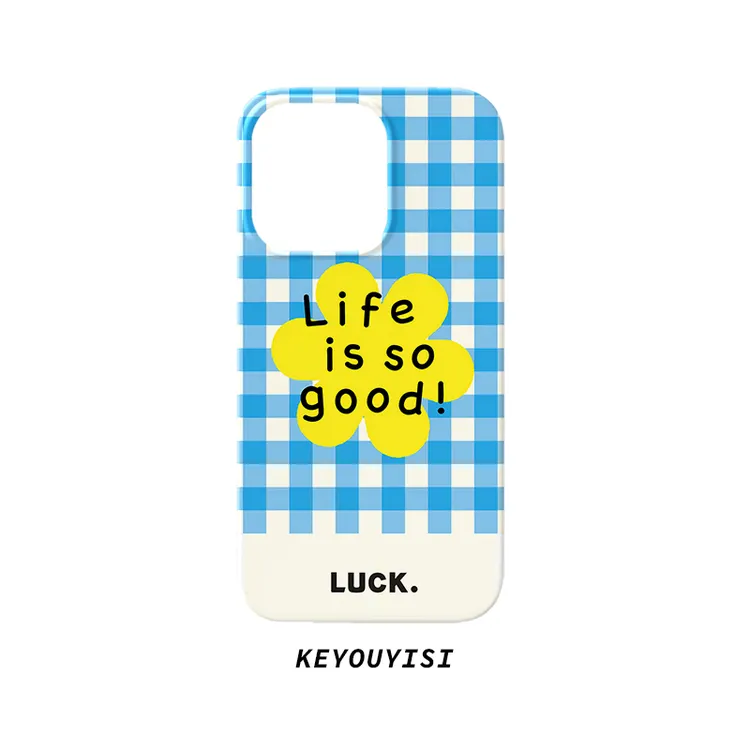 蓝色格子好运适用苹果13/14pro/华为/oppo/小米手机壳简约菲林壳