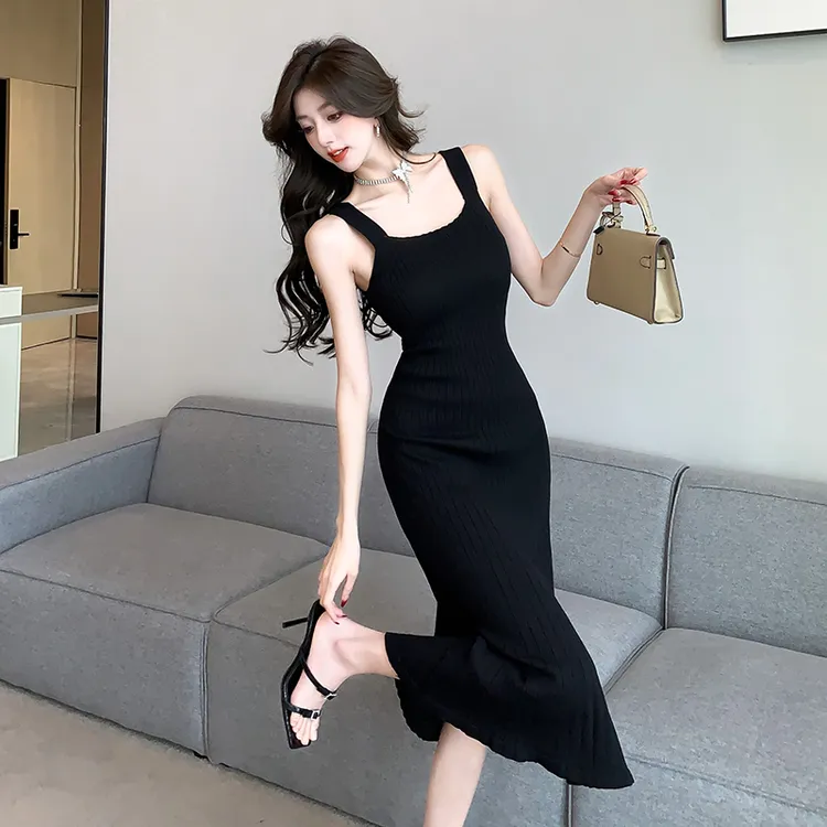 黑色无袖针织吊带背心连衣裙女春夏秋长款收腰显瘦百搭裙