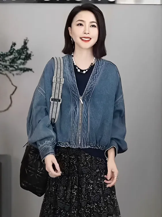 欧货高级感时尚V领牛仔外套女春季气质蝙蝠袖开衫休闲夹克上衣潮