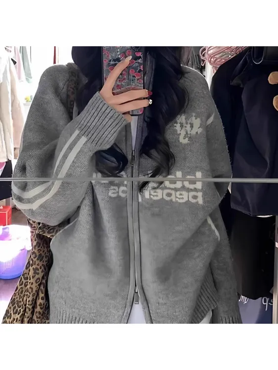 oversize！棒球风翻领拉链毛衣开衫女外套秋装新款韩版宽松针织衫