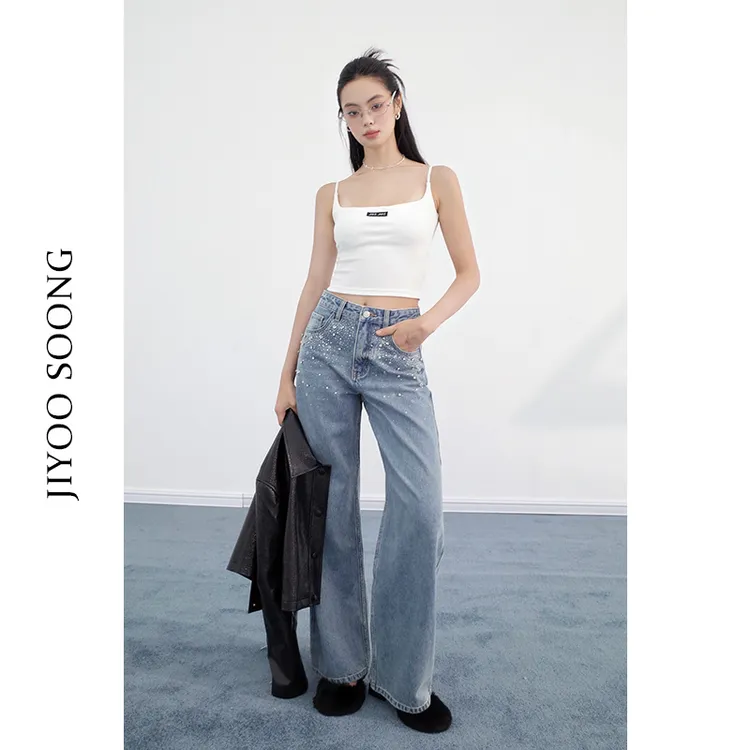 JIYOOSOONG | 手工钉钻刺绣直筒高腰流光风显瘦牛仔裤