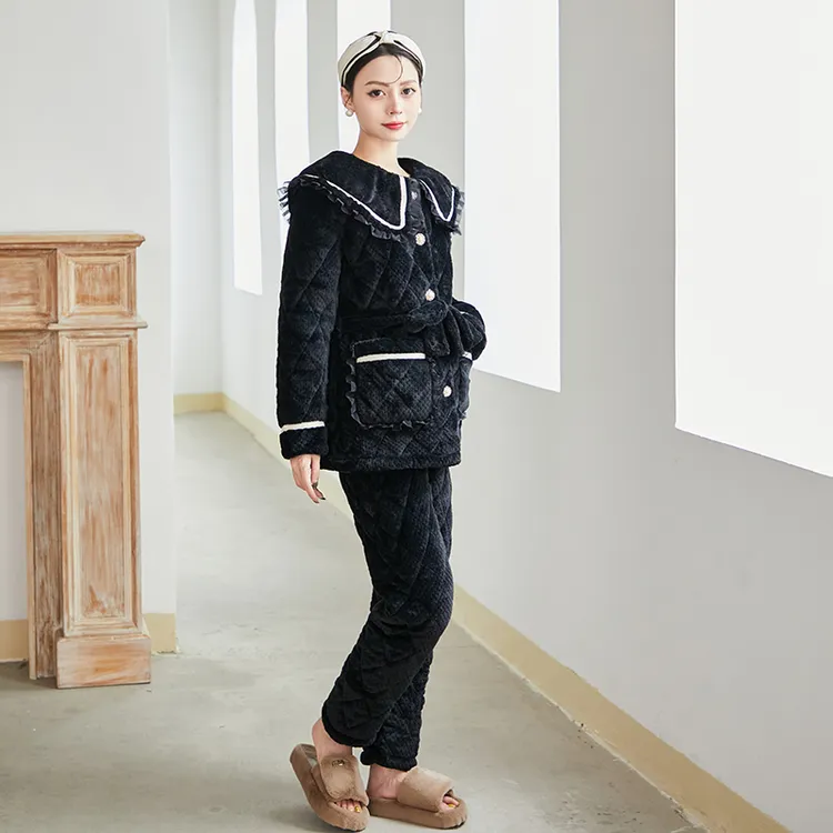 劲羽T1004冬季加厚加绒保暖睡衣套装时尚黑色洋气翻领秋冬