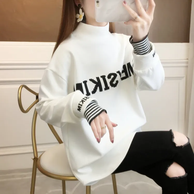 德绒半高领长袖t恤女秋冬宽松加绒保暖中长款黑色打底衫撞色上衣