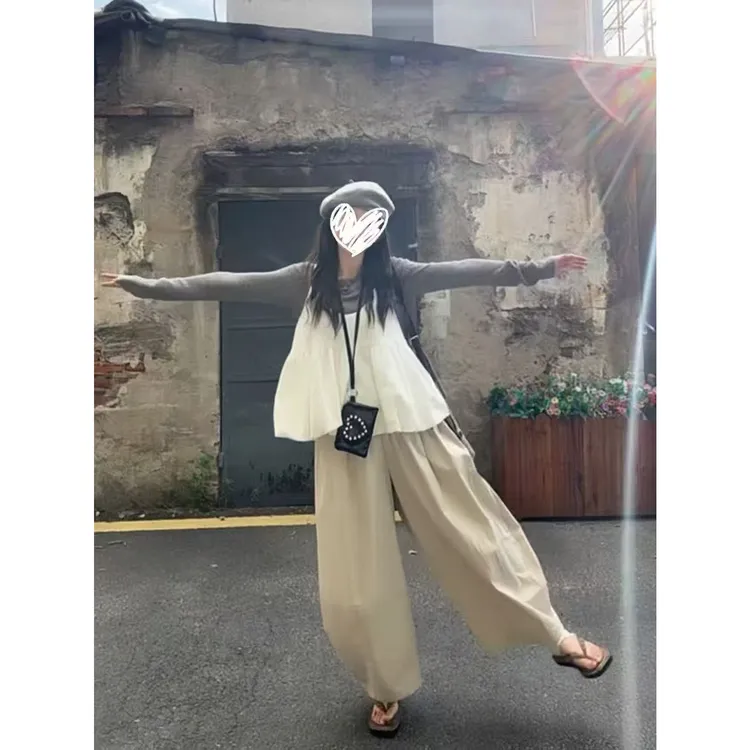 胖MM早秋新款巨好看韩系穿搭背心叠穿长袖T恤阔腿裤套装