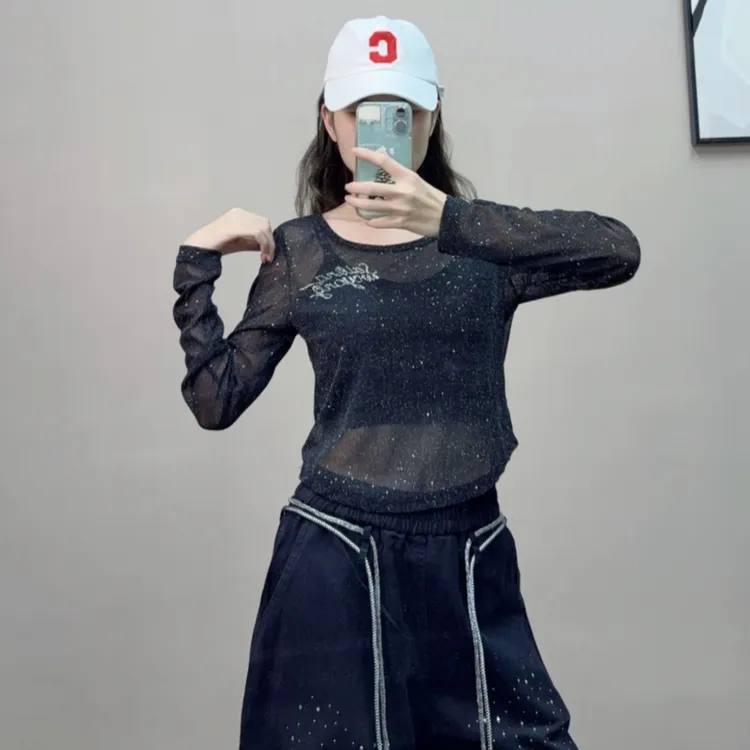 颖丽-秋季新款银丝洒金闪星宽松上衣时尚百搭跳舞衣服长袖