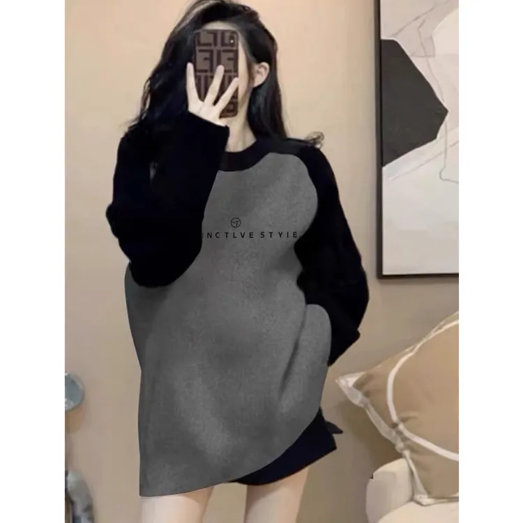 德绒磨毛保暖中长款遮屁股插肩拼接撞色长袖t恤女宽松打底衫秋冬