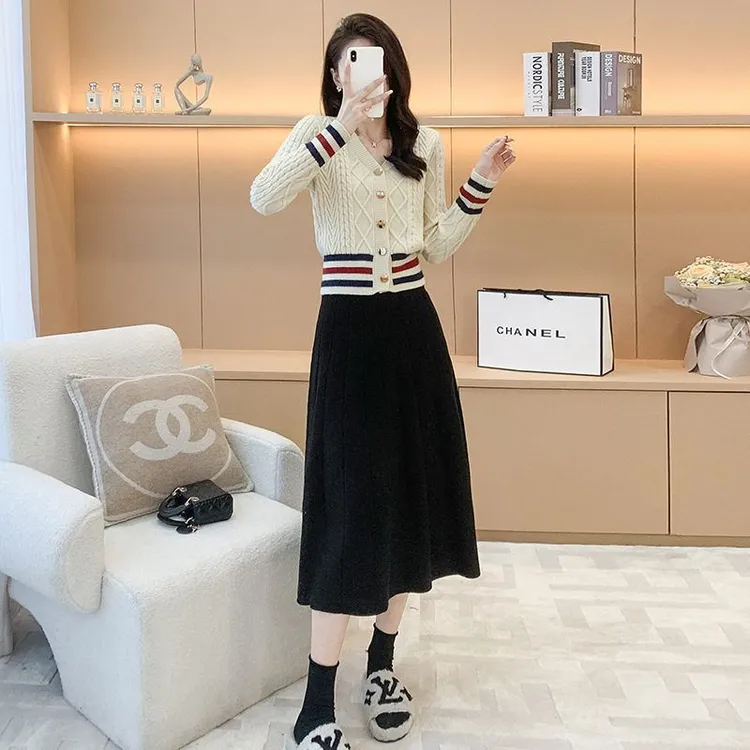 小香风新款时尚麻花套装休闲开衫显瘦两件松软女半身裙糯气质宽毛