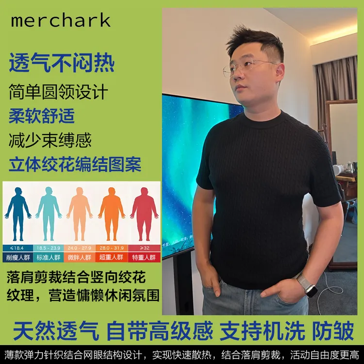 楼高素衣新疆长绒棉绞花针织衫男士夏季圆领连肩袖舒适透气上衣