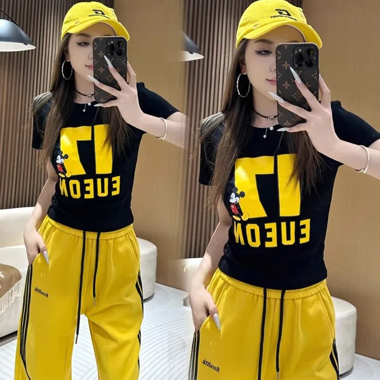时尚套装女韩系2025夏季短袖纯棉印花时尚休闲上衣休闲裤子两件套