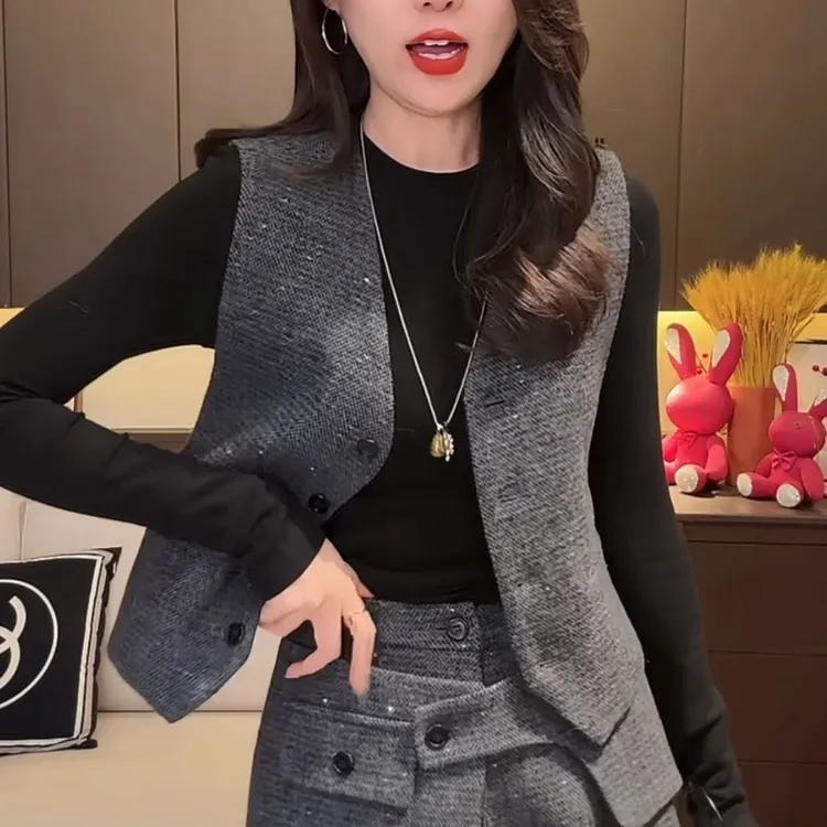 小香风蝴蝶结亮闪毛呢马甲短裤套装女冬季时尚气质显瘦两件套秋冬