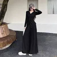 妮妮家25137慵懒风长袖扭结上衣高腰宽松拖地裤两件套