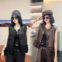 水洗PU皮马甲女2025春秋新款时尚宽松木耳边外搭马夹网红无袖外套