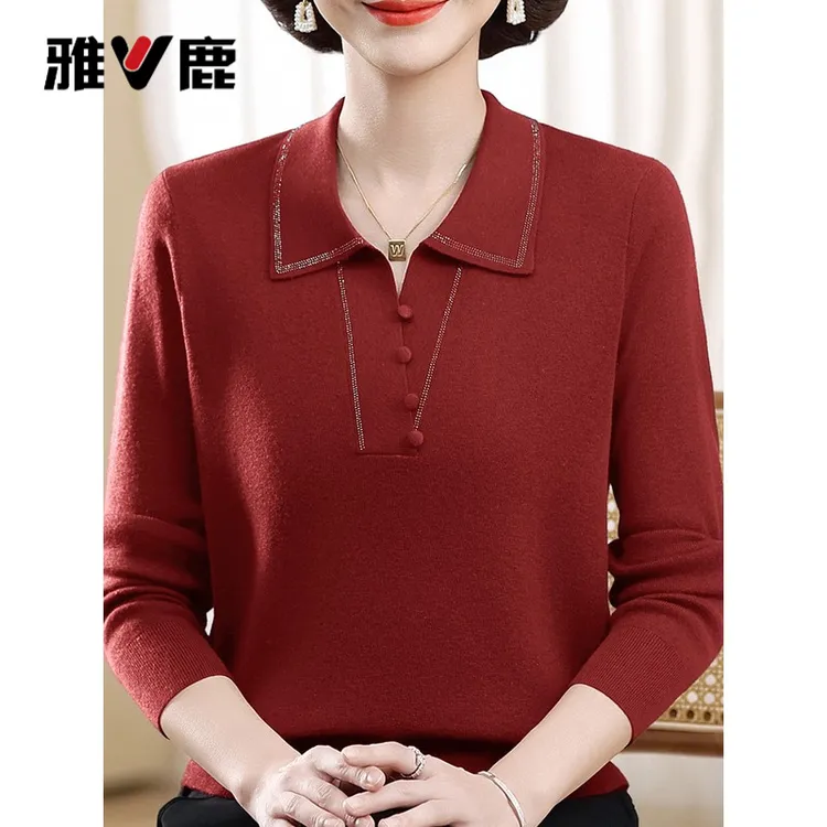 雅鹿中老年女装春秋装翻领长袖针织衫妈妈装秋薄款打底衫宽松大码