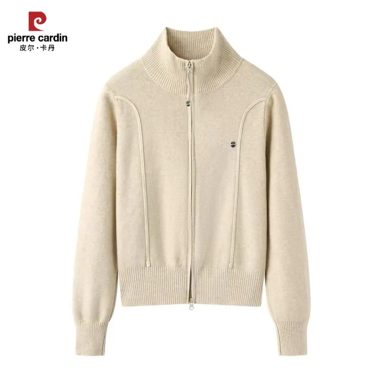 皮尔卡丹女士立领双拉链毛衣外套2025秋冬新款针织开衫时尚螺纹针