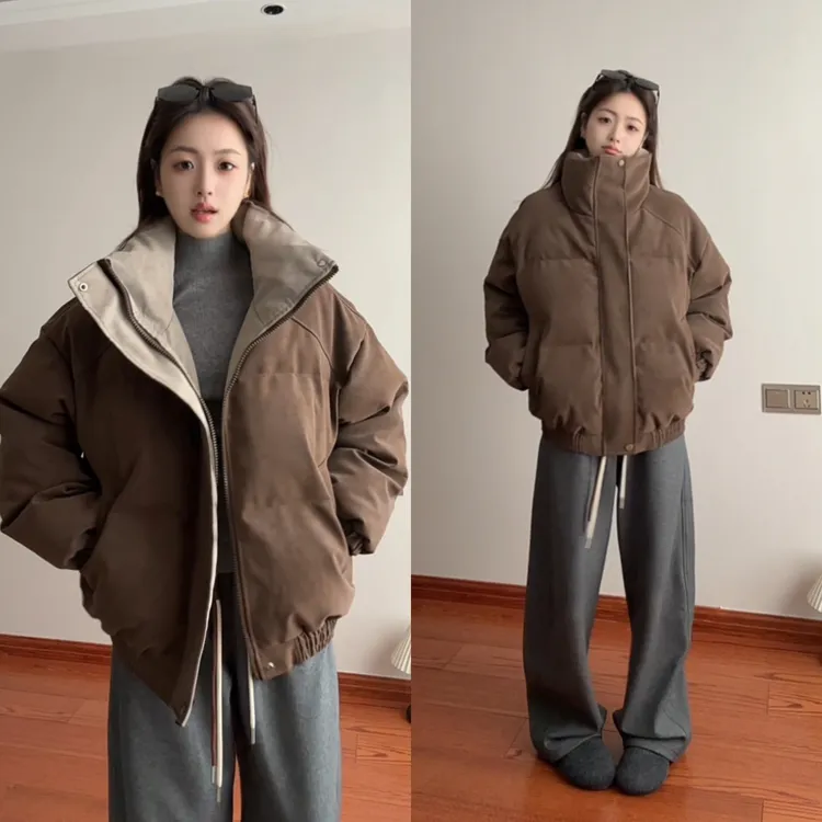 美拉德扎染PU皮棉服男女冬季加厚保暖棉衣外套美式情侣立领面包服