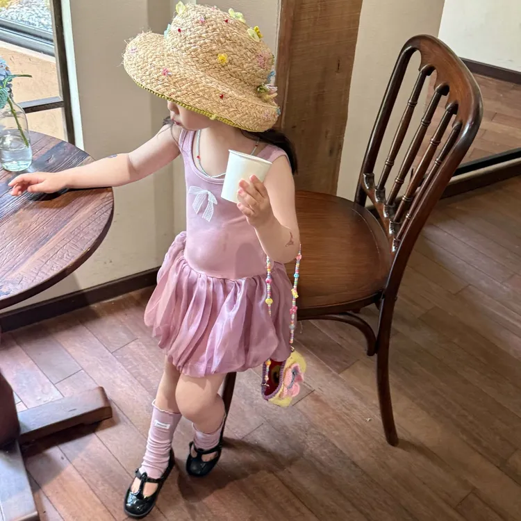 《现货》小思家女童25夏季新款韩版休闲甜美粉色花苞蓬蓬背心连衣裙
