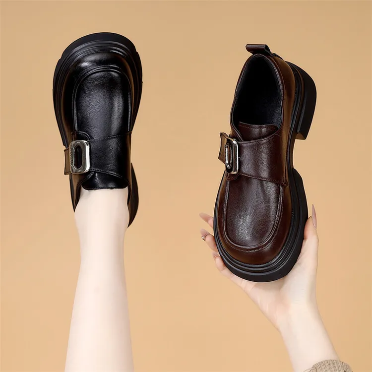 欧货厚底乐福鞋2025年新款一脚蹬软底单鞋魔术贴圆头黑色小皮鞋女