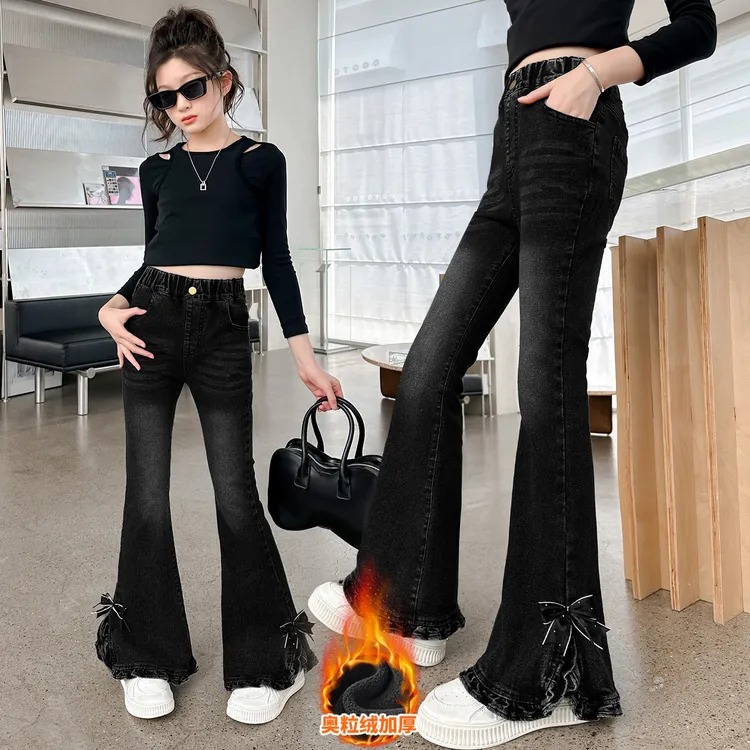 女童黑色加绒牛仔裤冬季新款洋气儿童加厚一体绒裤子初中生喇叭裤