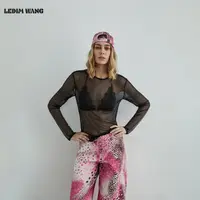 LEDIM WANG白标/渐变烫钻网眼透视薄款T恤女25秋新款长袖套头上衣