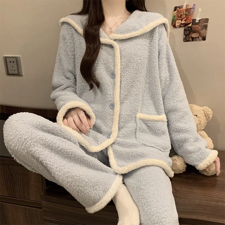 新款冬季半边绒睡衣女长袖开衫加厚加绒保暖简约套装珊瑚绒家居服