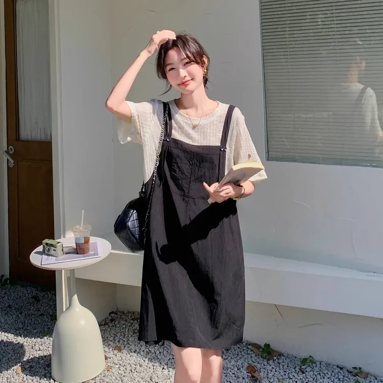  黑色假两件拼接连衣裙女小个子2025夏新款法式气质减龄中长T恤裙