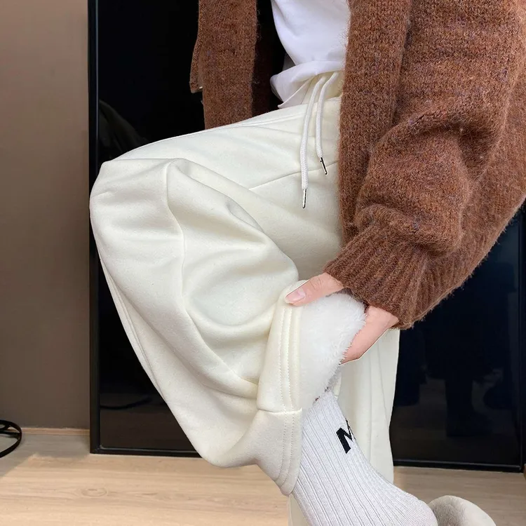 白色运动裤女秋冬2025新款加绒加厚小个子保暖宽女款秋冬垂感卫裤