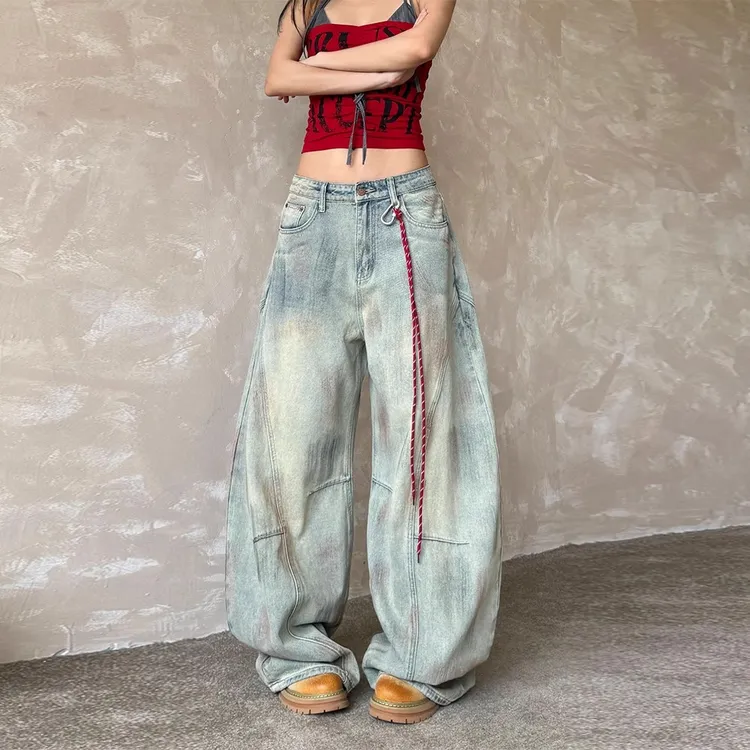 【送挂绳+运费险】辣妹嘻哈脏染弯刀牛仔裤女秋季款复古宽松阔腿裤