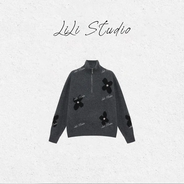 PCNY丨不理理「旧梦初醒」简约撞色花朵装饰立领绵羊毛针织上衣