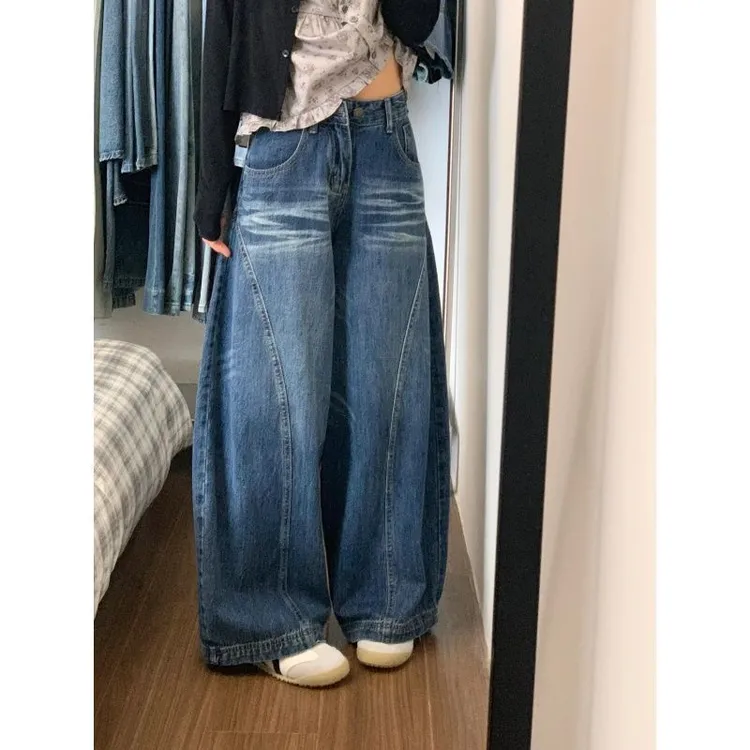 复古美式高街裁剪廓形水洗宽松弯刀拖地牛仔裤女蓝色秋季牛仔长裤