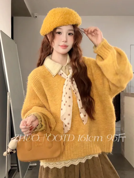 秋冬穿搭一整套韩系慵懒风针织毛衣叠穿翻领打底衬衫半身裙三件套