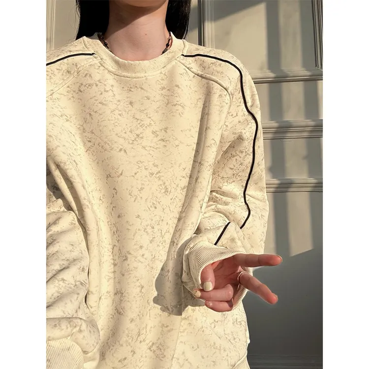 美式扎染拼接卫衣男秋冬季潮牌设计感圆领外套休闲宽松加绒打底衫