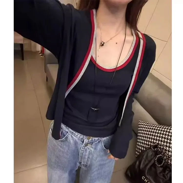 撞色吊带背心开衫两件套女2025秋季新款韩版时尚洋气百搭女装上衣
