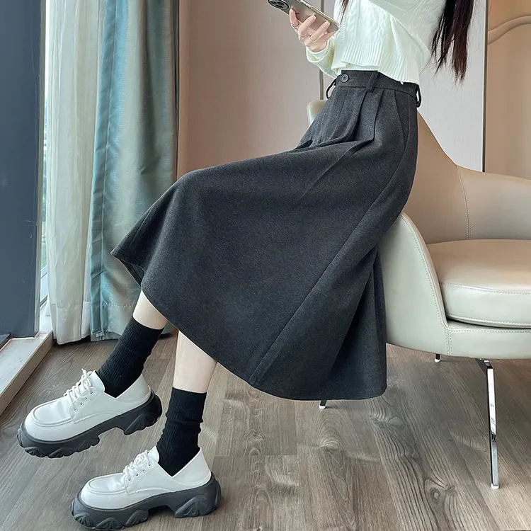 灰色毛呢半身裙女2025年秋冬新款a字梨形身材高腰百褶中长款伞裙