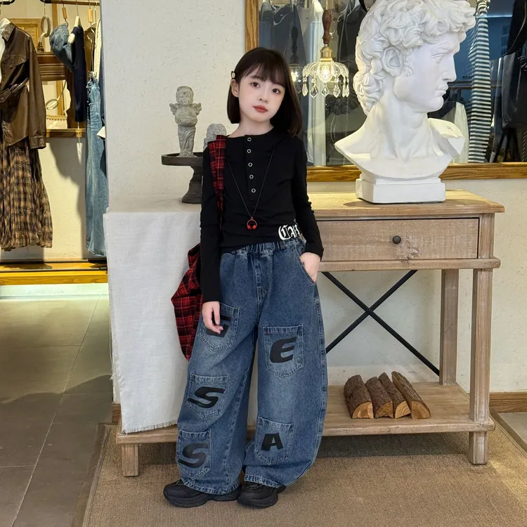女童连帽卫衣字母多口袋牛仔裤2025春秋季新款洋气修身上衣阔腿裤