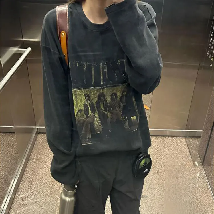 美式做旧印花齐柏林卫衣男款秋季水洗短宽长袖t恤boxy版型打底衫