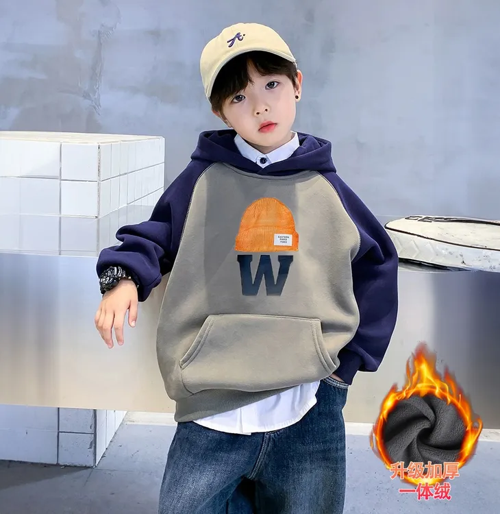 男童卫衣新款秋冬加绒连帽儿童洋气休闲上衣潮流中大童儿童卫衣