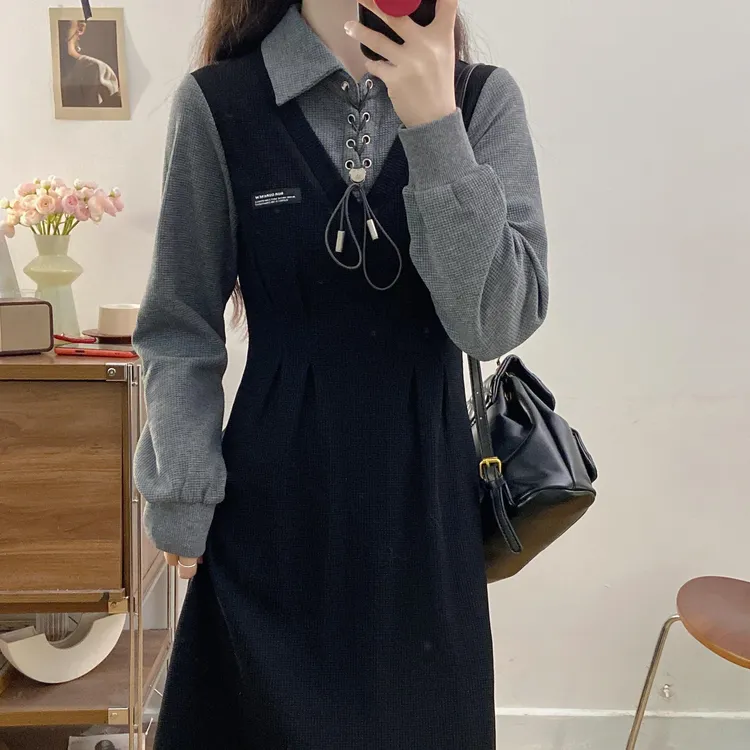 加厚针织连衣裙2025秋冬新款大码女装胖mm假两件穿搭公主裙成人款