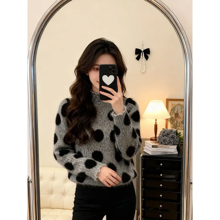 灰色半高领波点针织衫女2026冬季新款软糯慵懒风轻熟百搭掐腰毛衣