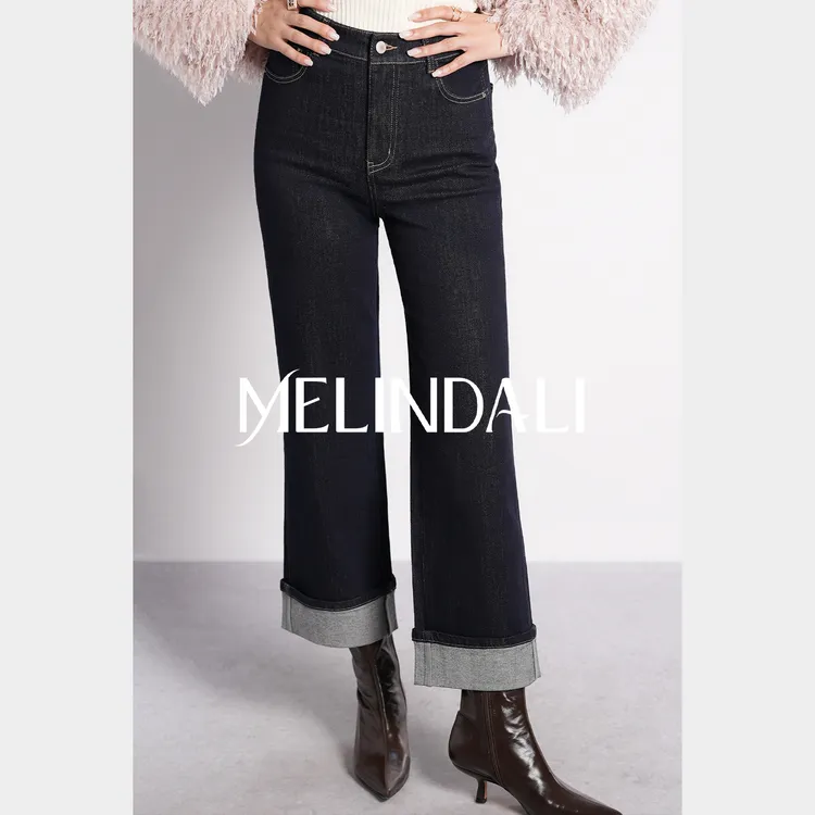 Melinda Li【丹宁烟管】卷边复古直筒牛仔裤显瘦九分裤休闲法棍裤