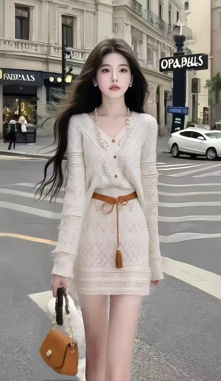 时尚小香风休闲通勤风杏色V领修身收腰包臀针织连衣裙女小众纯欲