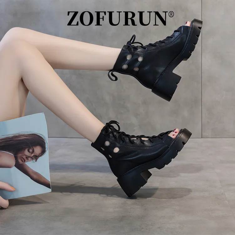 ZOFURUN 厚底凉鞋女高跟女鞋时尚夏季新款鱼嘴鞋罗马坡跟凉靴女夏