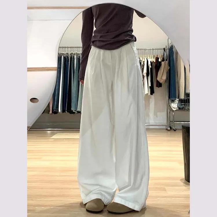 白色纹理褶皱休闲阔腿牛仔裤女秋季新款高腰宽松显瘦直筒拖地裤潮