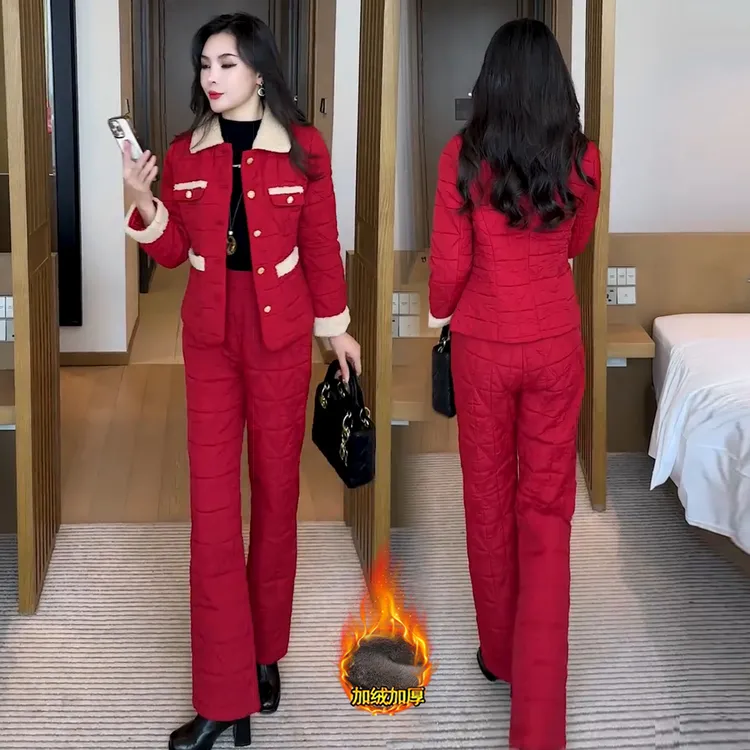 洋气设计感棉衣棉裤女时尚套装2025冬季新款夹棉加绒保暖两件套裤