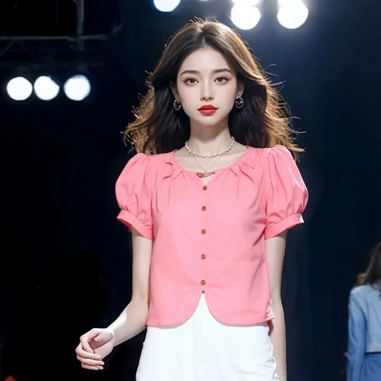 2025夏季新款时尚短款减龄衬衫女圆领甜美简约气质百搭遮肚显瘦