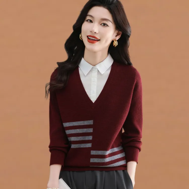 假两件上衣女春秋2025新款长袖针织毛衣短款条纹拼接衬衣领打底衫