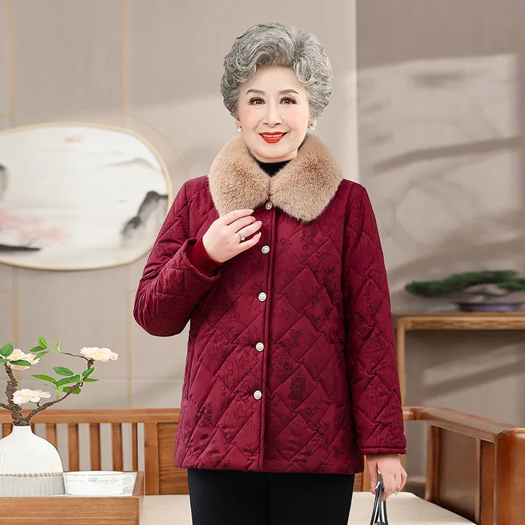 奶奶冬装棉袄加绒加厚保暖喜庆红色婚宴翻领中老年妈妈装冬季棉衣