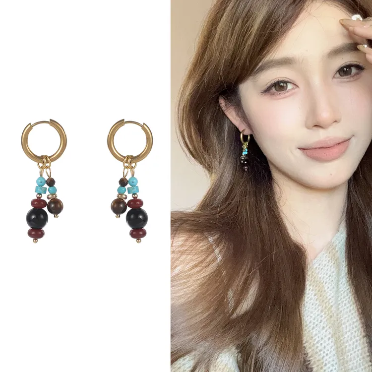 oushipei/欧诗佩 铜合金亚克力耳饰 复古彩色串珠耳环民族风耳扣