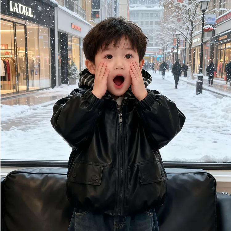 儿童冬季加绒加厚外套男童痞帅皮衣棉袄2025新款秋冬装假两件衣服