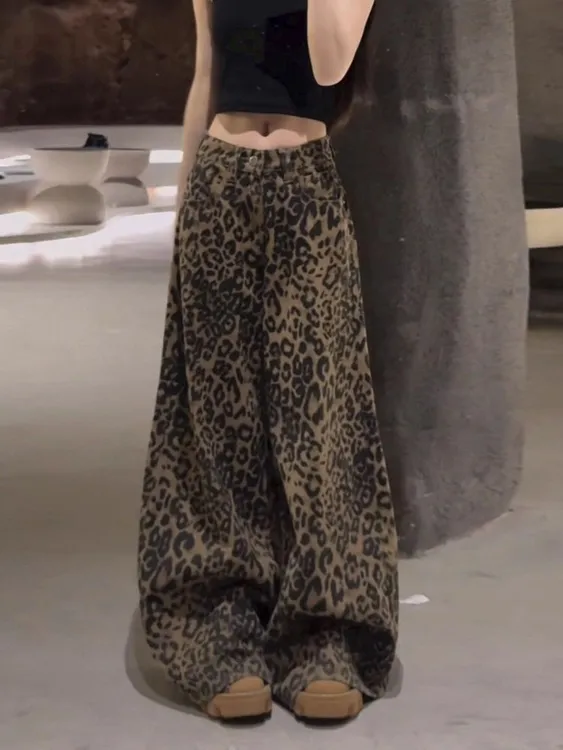 美式复古豹纹阔腿牛仔裤女秋冬款2025新款高街显瘦宽松直筒拖地裤