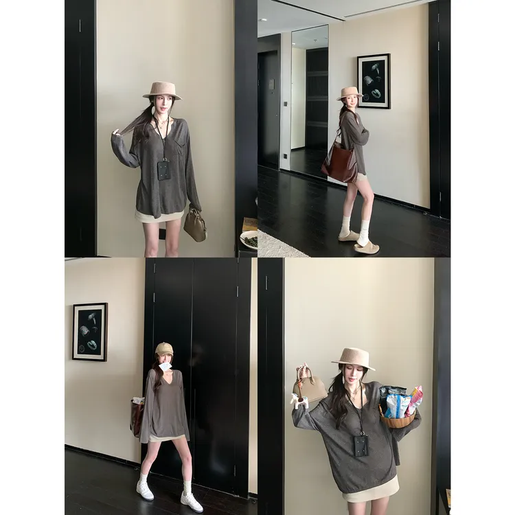 SKK“软弹空气Tee”天丝亚麻透感V领长袖针织T恤 秋天穿得简单干净！